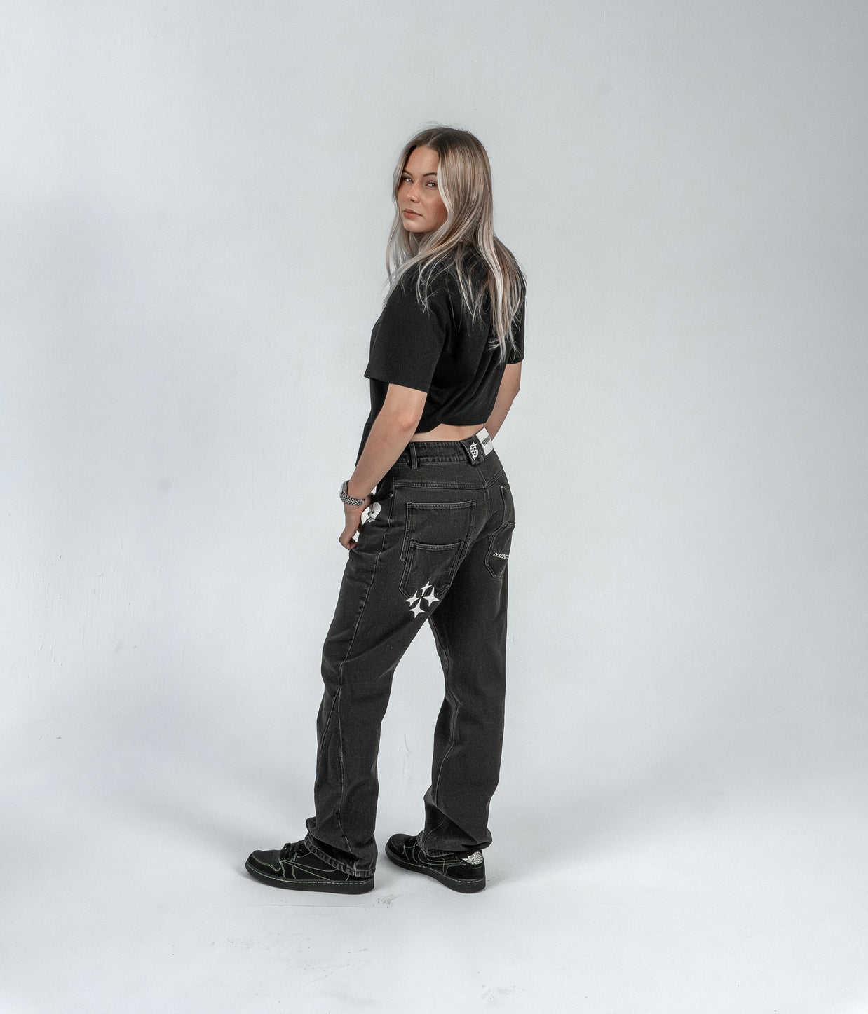 'FADED BLACK' FLARE-LEG JEANS